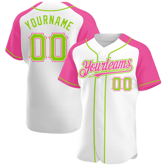 Custom White Neon Green-Pink Authentic Raglan Sleeves Baseball Jersey - Main View