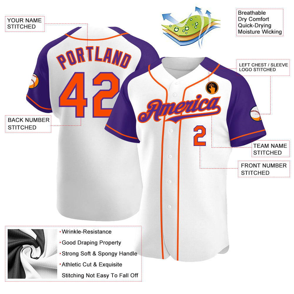 Custom White Orange-Purple Authentic Raglan Sleeves Baseball Jersey view 3