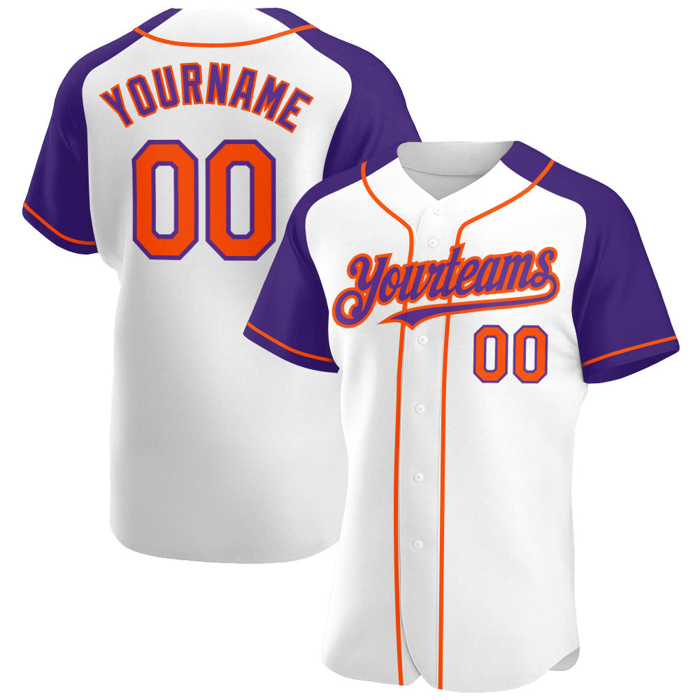 Custom White Orange-Purple Authentic Raglan Sleeves Baseball Jersey - Main View