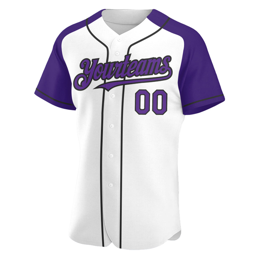 Custom White Purple-Black Authentic Raglan Sleeves Baseball Jersey view 2