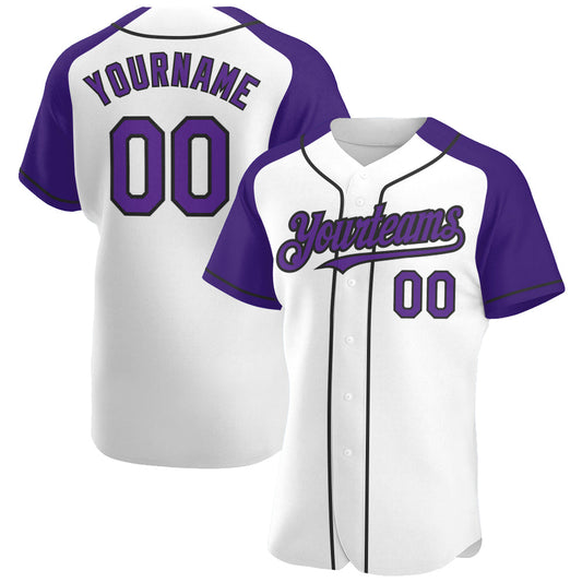 Custom White Purple-Black Authentic Raglan Sleeves Baseball Jersey - Main View