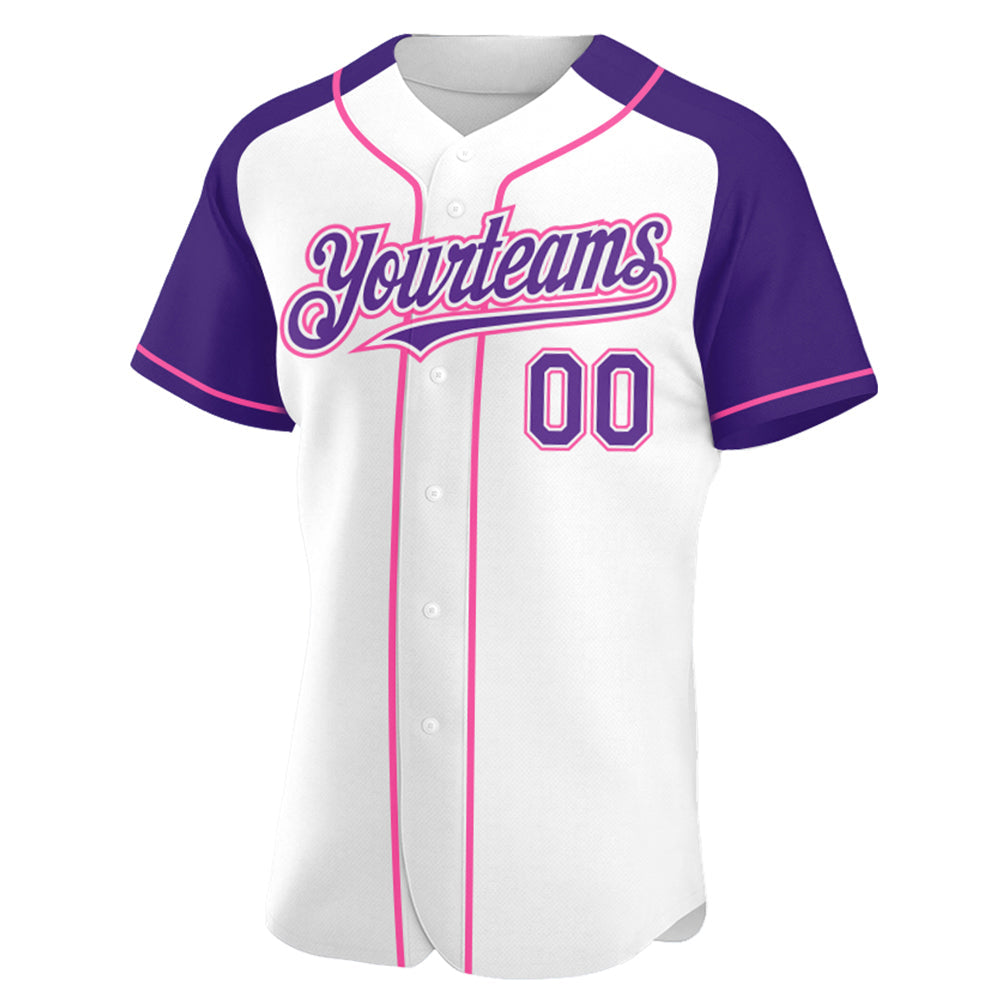 Custom White Purple-Pink Authentic Raglan Sleeves Baseball Jersey view 2