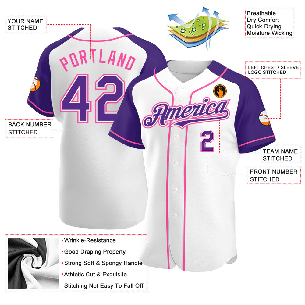 Custom White Purple-Pink Authentic Raglan Sleeves Baseball Jersey view 3
