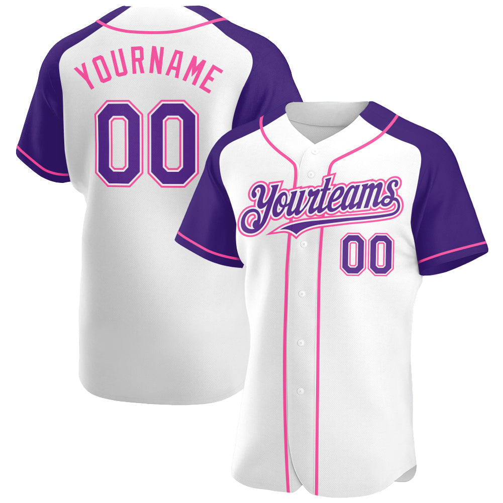 Custom White Purple-Pink Authentic Raglan Sleeves Baseball Jersey - Main View