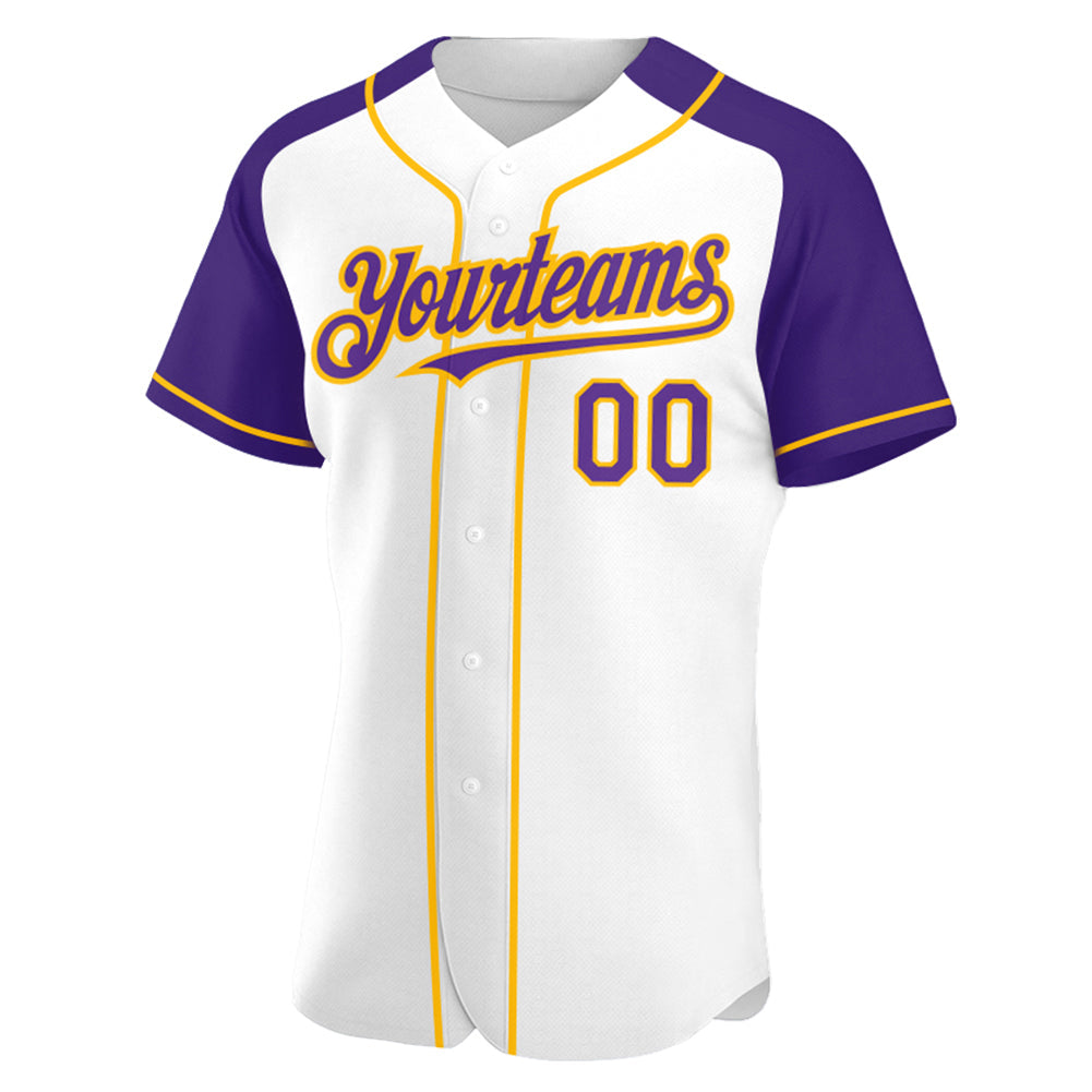 Custom White Purple-Gold Authentic Raglan Sleeves Baseball Jersey view 2