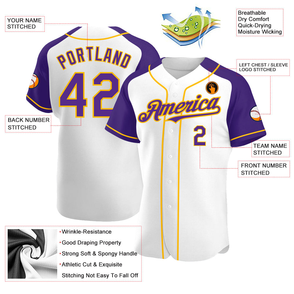 Custom White Purple-Gold Authentic Raglan Sleeves Baseball Jersey view 3