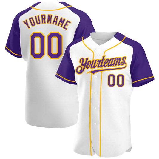 Custom White Purple-Gold Authentic Raglan Sleeves Baseball Jersey - Main View