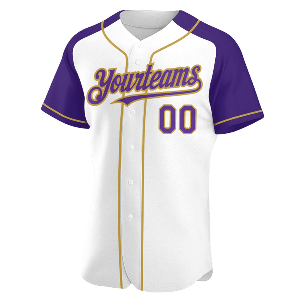 Custom White Purple-Old Gold Authentic Raglan Sleeves Baseball Jersey view 2