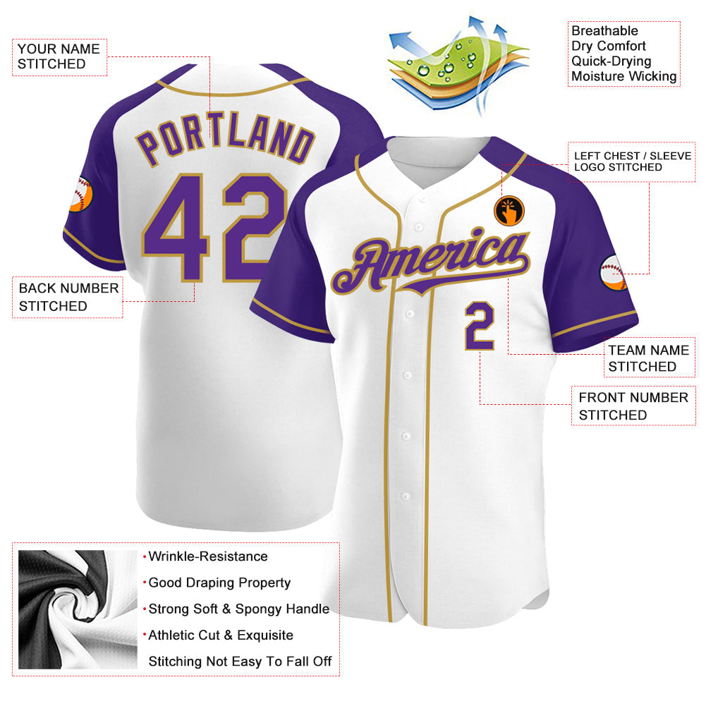 Custom White Purple-Old Gold Authentic Raglan Sleeves Baseball Jersey view 3