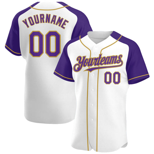 Custom White Purple-Old Gold Authentic Raglan Sleeves Baseball Jersey - Main View