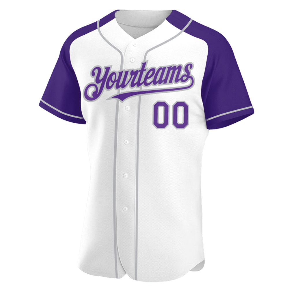 Custom White Purple-Gray Authentic Raglan Sleeves Baseball Jersey view 2