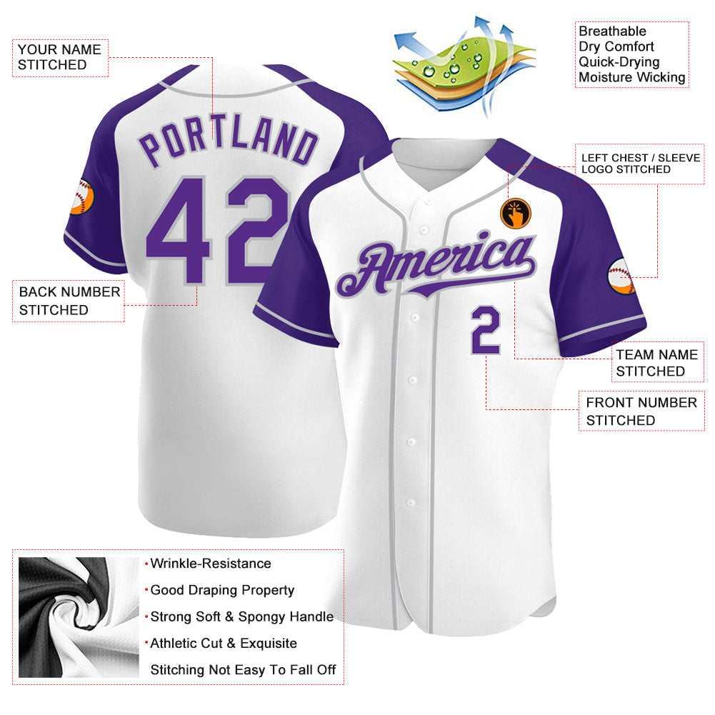 Custom White Purple-Gray Authentic Raglan Sleeves Baseball Jersey view 3
