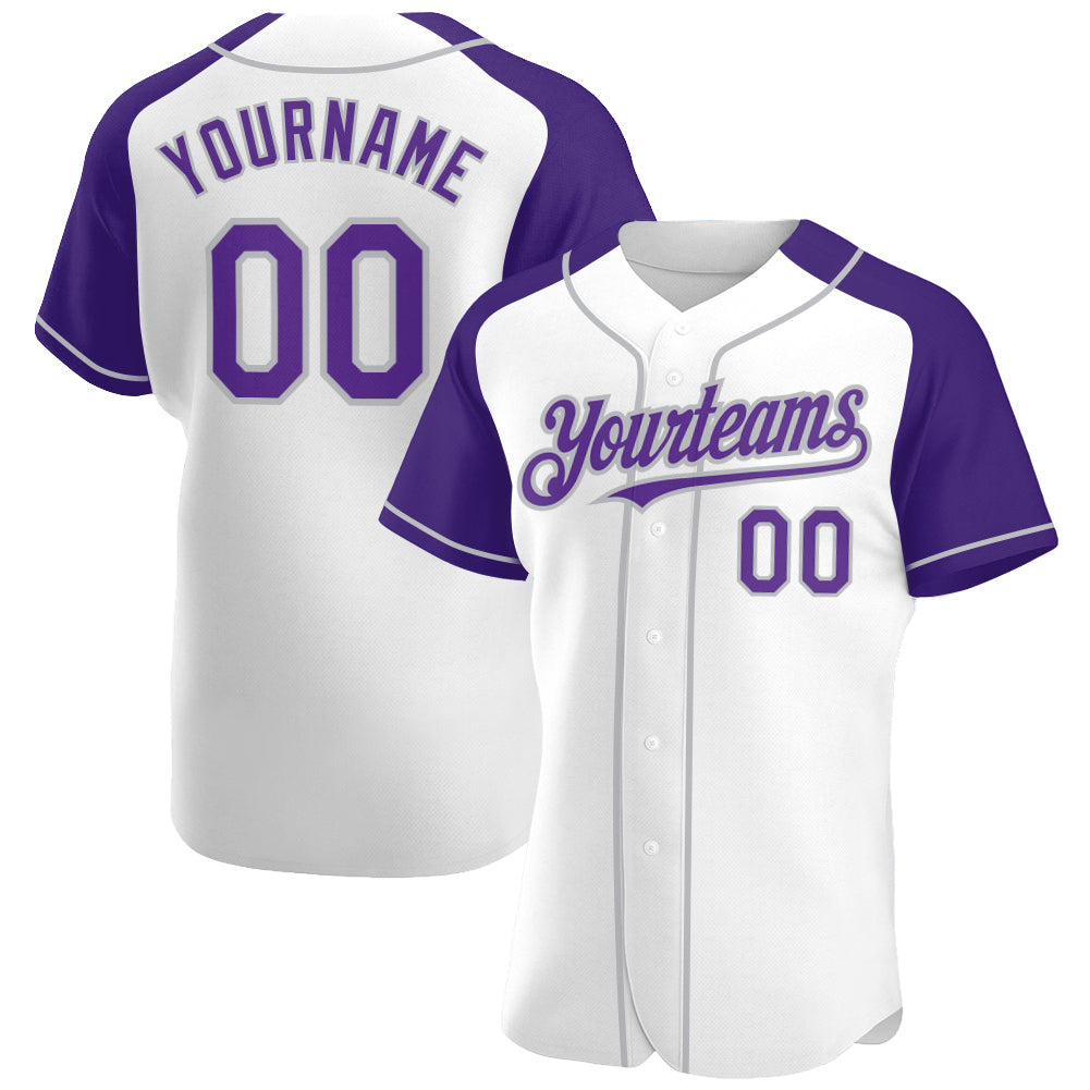 Custom White Purple-Gray Authentic Raglan Sleeves Baseball Jersey - Main View