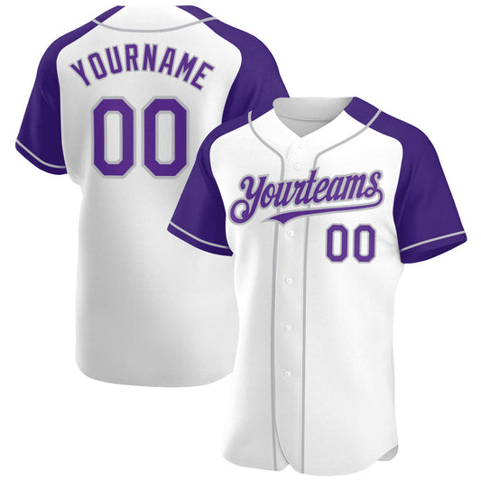 Custom White Purple-Gray Authentic Raglan Sleeves Baseball Jersey - Main View