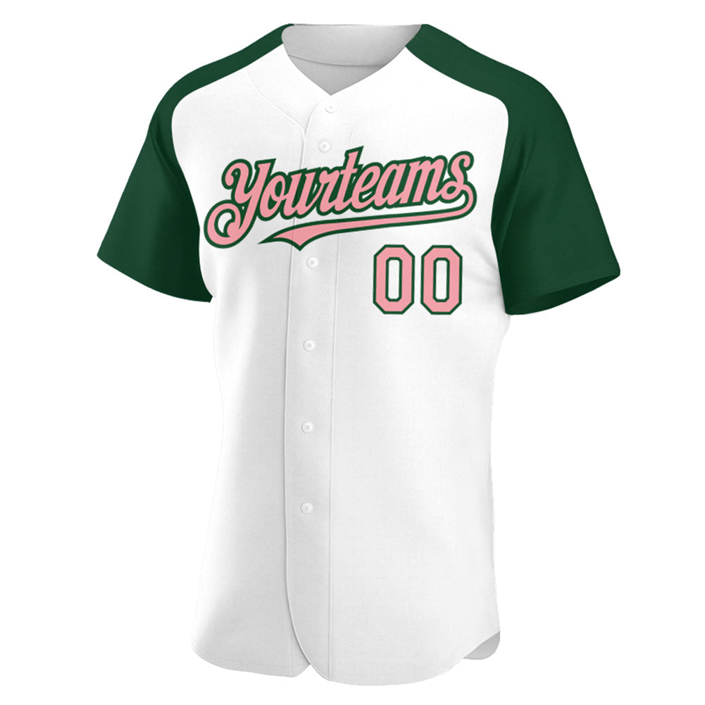 Custom White Medium Pink-Green Authentic Raglan Sleeves Baseball Jersey view 2