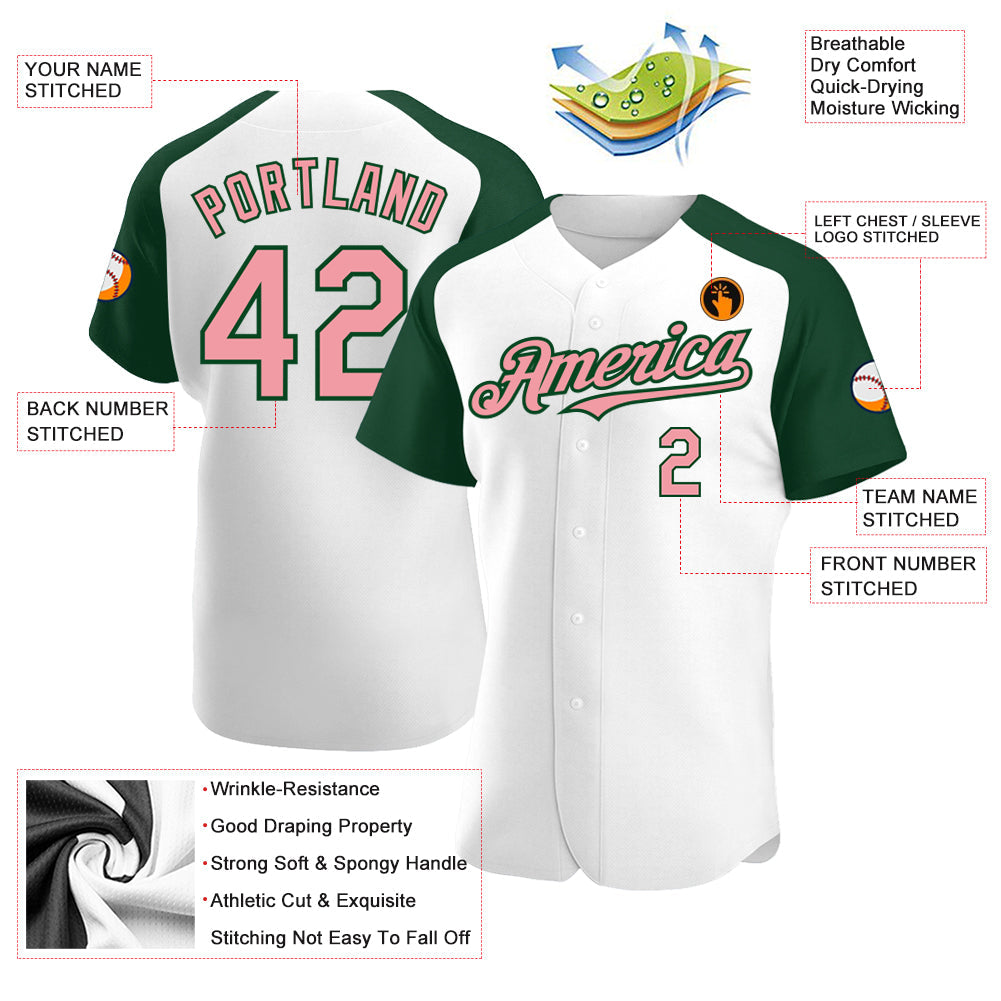 Custom White Medium Pink-Green Authentic Raglan Sleeves Baseball Jersey view 3