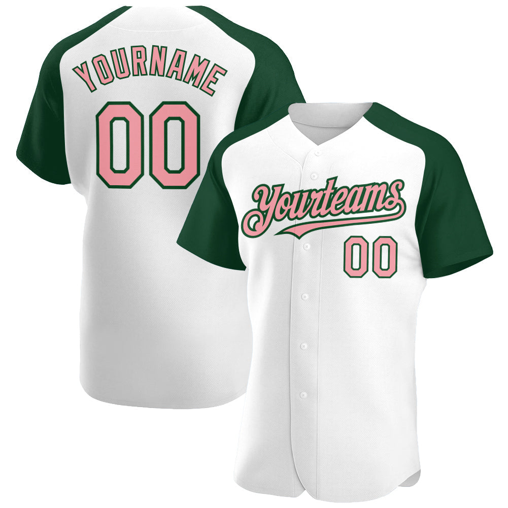 Custom White Medium Pink-Green Authentic Raglan Sleeves Baseball Jersey - Main View