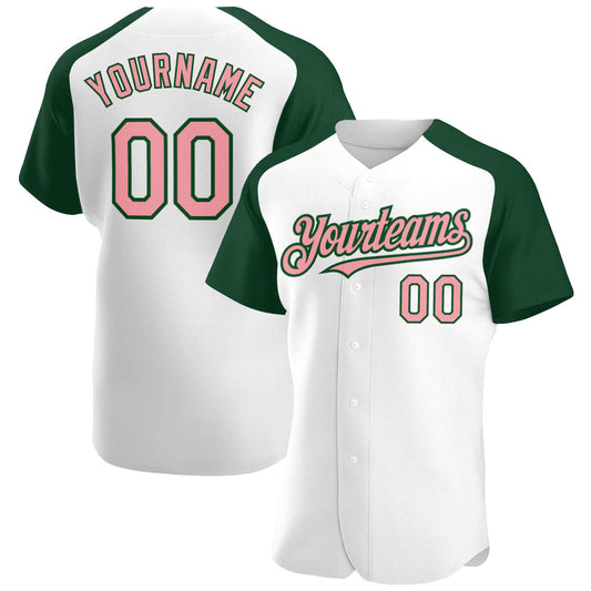 Custom White Medium Pink-Green Authentic Raglan Sleeves Baseball Jersey - Main View