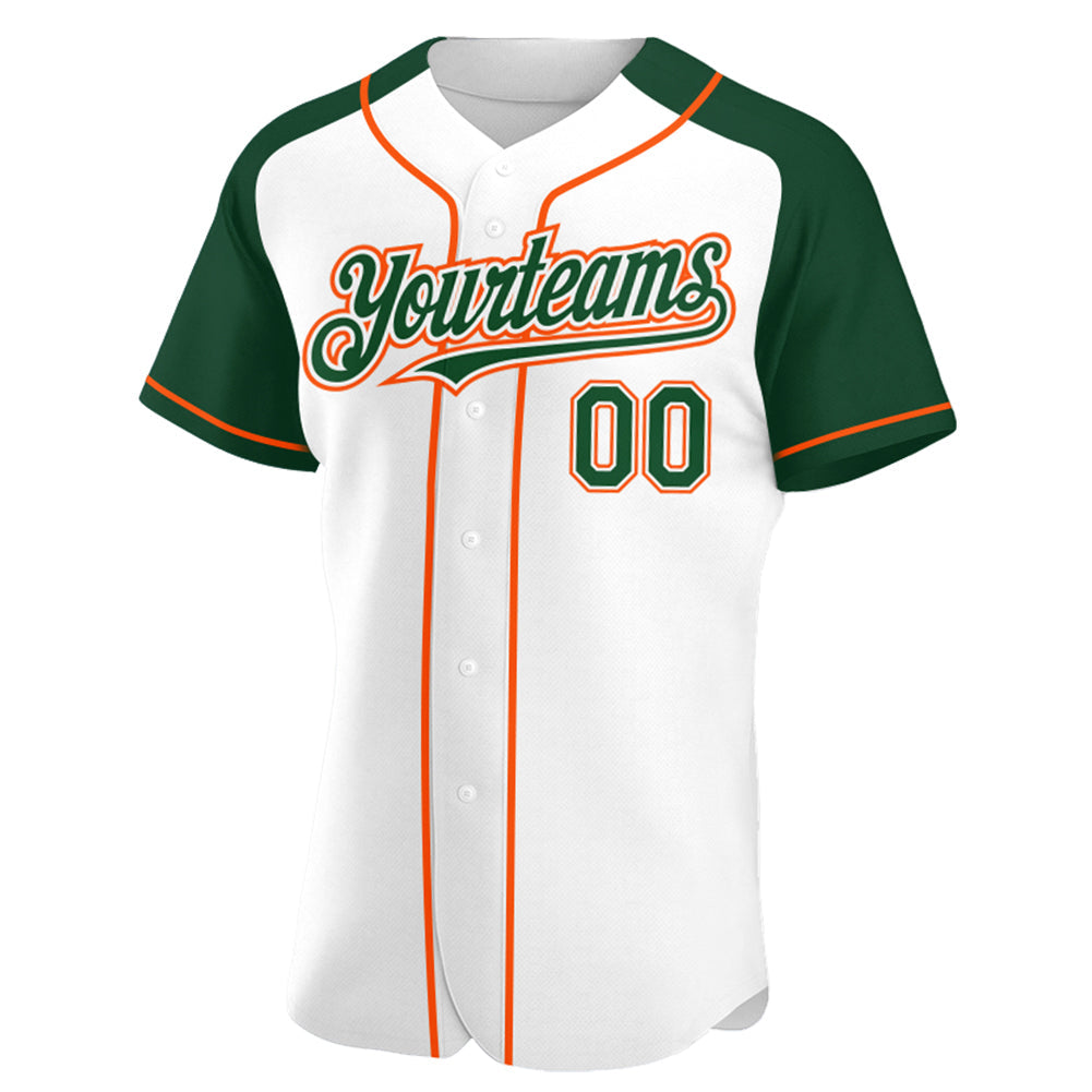 Custom White Green-Orange Authentic Raglan Sleeves Baseball Jersey view 2