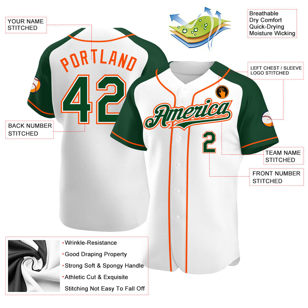 Custom White Green-Orange Authentic Raglan Sleeves Baseball Jersey view 3