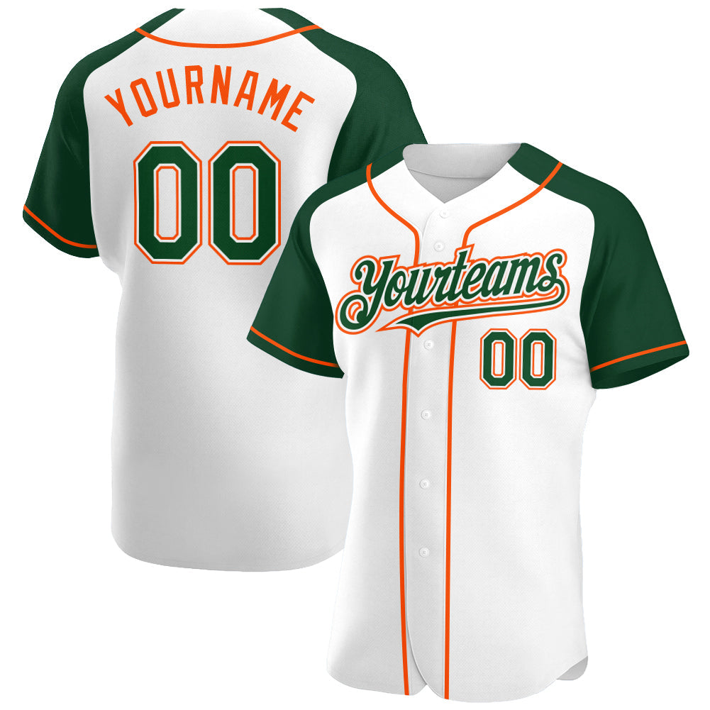 Custom White Green-Orange Authentic Raglan Sleeves Baseball Jersey - Main View