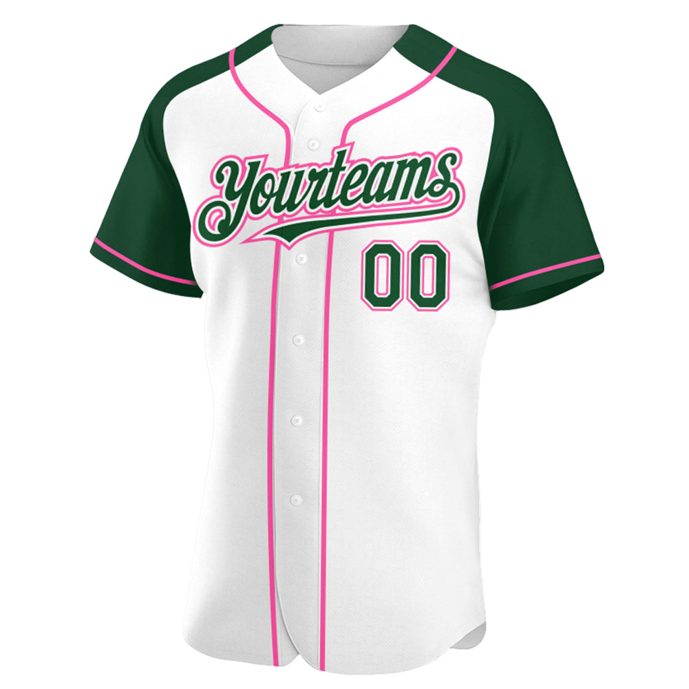 Custom White Green-Pink Authentic Raglan Sleeves Baseball Jersey view 2