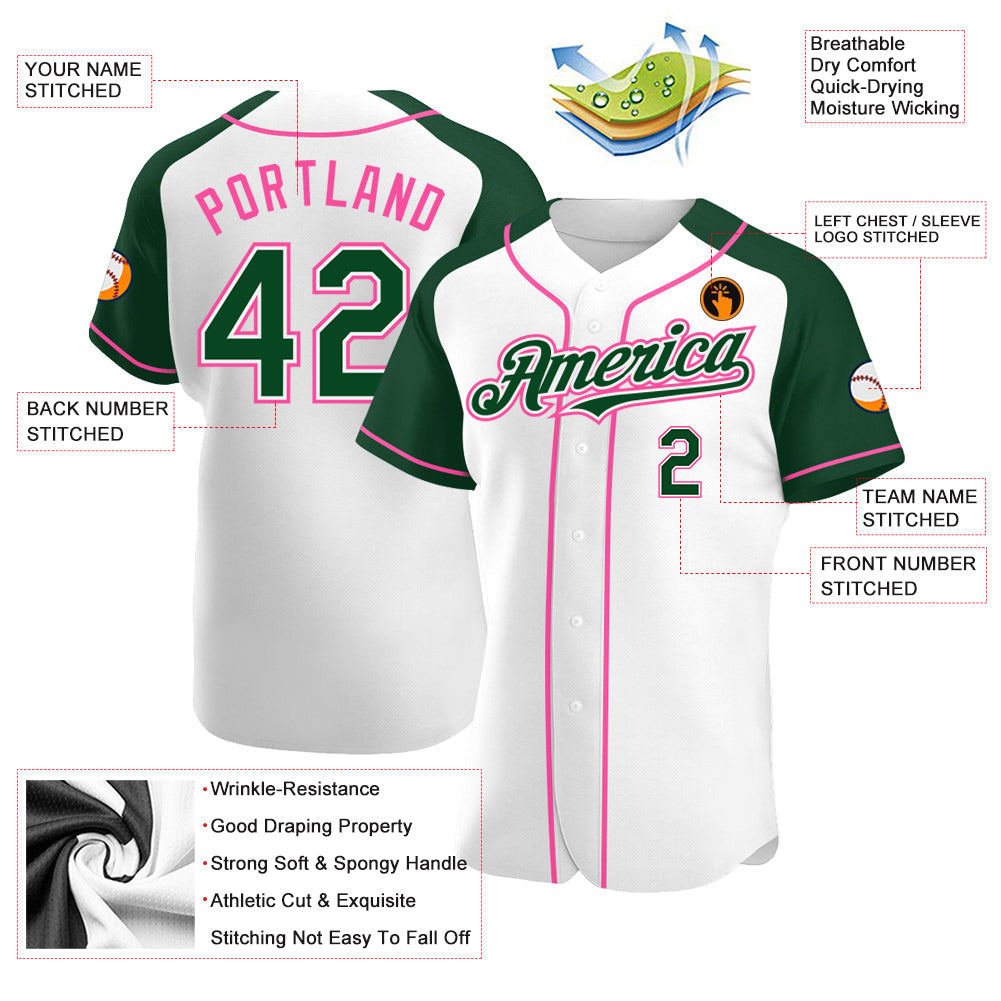 Custom White Green-Pink Authentic Raglan Sleeves Baseball Jersey view 3