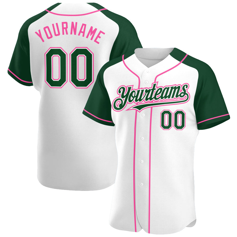 Custom White Green-Pink Authentic Raglan Sleeves Baseball Jersey - Main View