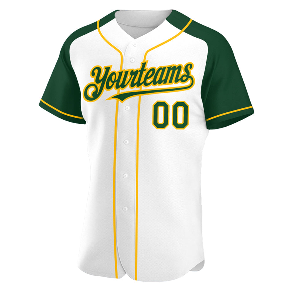 Custom White Green-Gold Authentic Raglan Sleeves Baseball Jersey view 2
