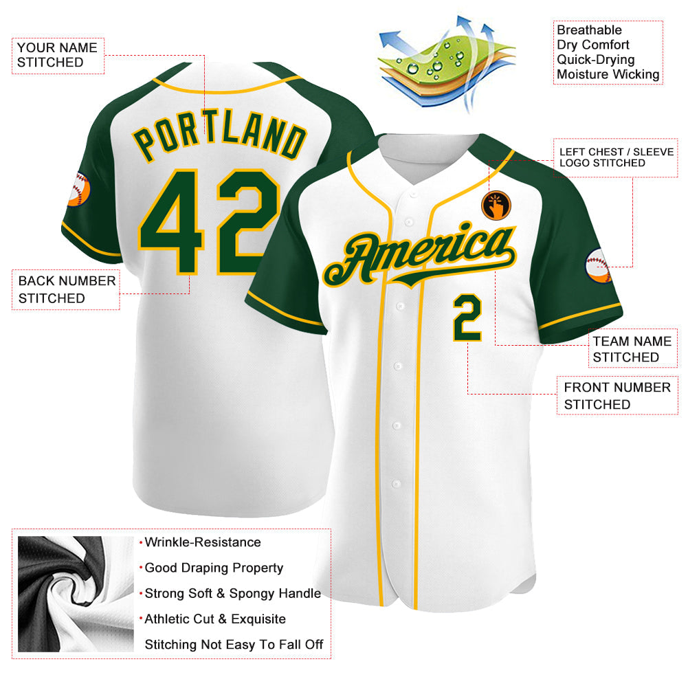 Custom White Green-Gold Authentic Raglan Sleeves Baseball Jersey view 3