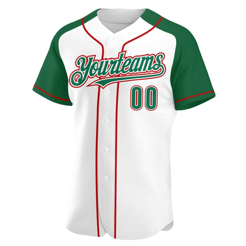 Custom White Kelly Green-Red Authentic Raglan Sleeves Baseball Jersey view 2
