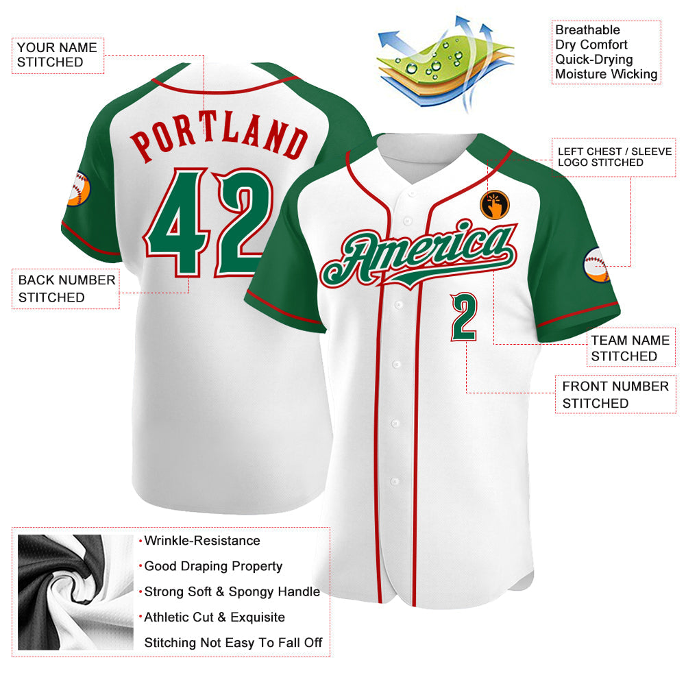 Custom White Kelly Green-Red Authentic Raglan Sleeves Baseball Jersey view 3