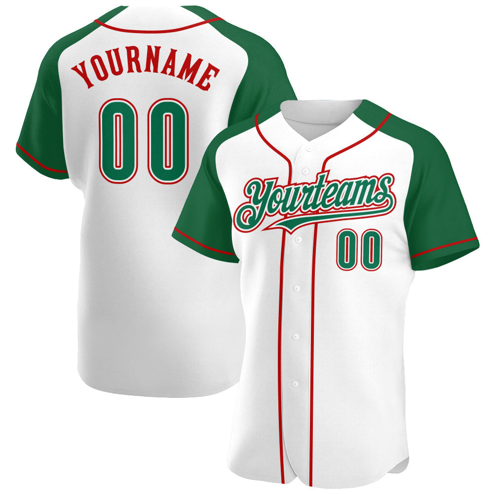 Custom White Kelly Green-Red Authentic Raglan Sleeves Baseball Jersey - Main View