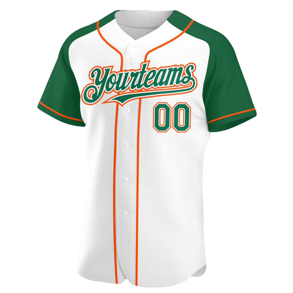 Custom White Kelly Green-Orange Authentic Raglan Sleeves Baseball Jersey view 2