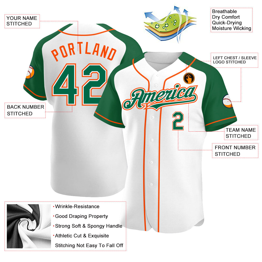 Custom White Kelly Green-Orange Authentic Raglan Sleeves Baseball Jersey view 3