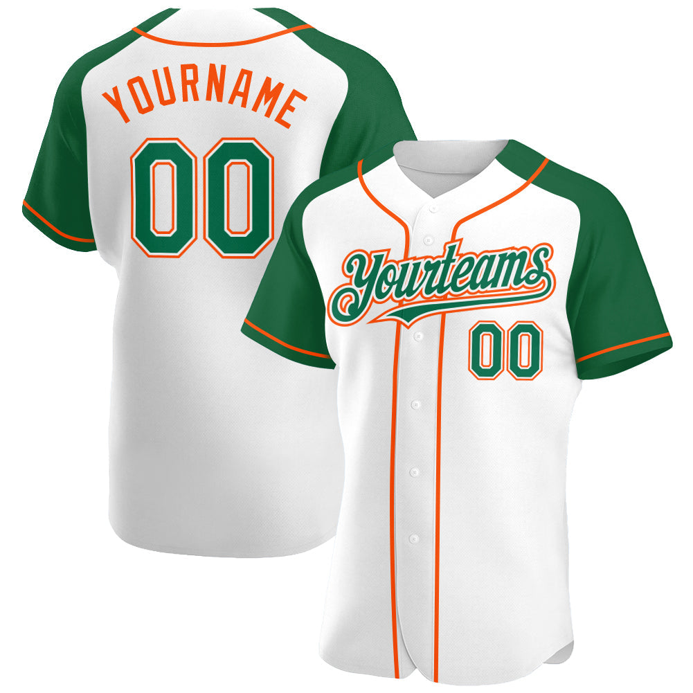 Custom White Kelly Green-Orange Authentic Raglan Sleeves Baseball Jersey - Main View