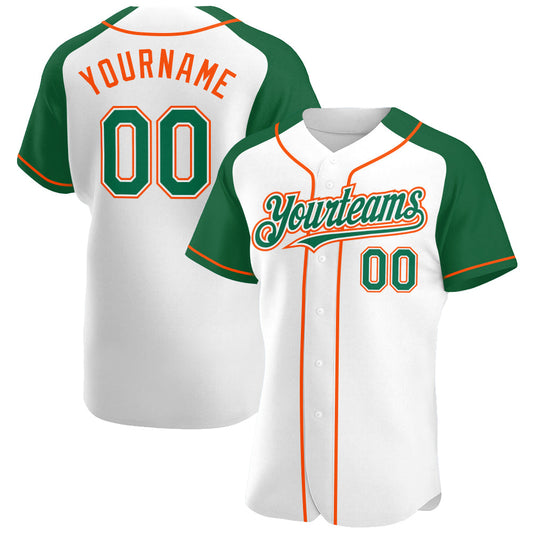 Custom White Kelly Green-Orange Authentic Raglan Sleeves Baseball Jersey - Main View