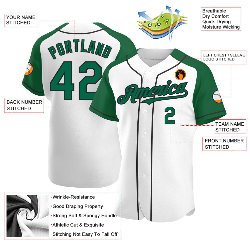 Custom White Kelly Green-Black Authentic Raglan Sleeves Baseball Jersey view 3