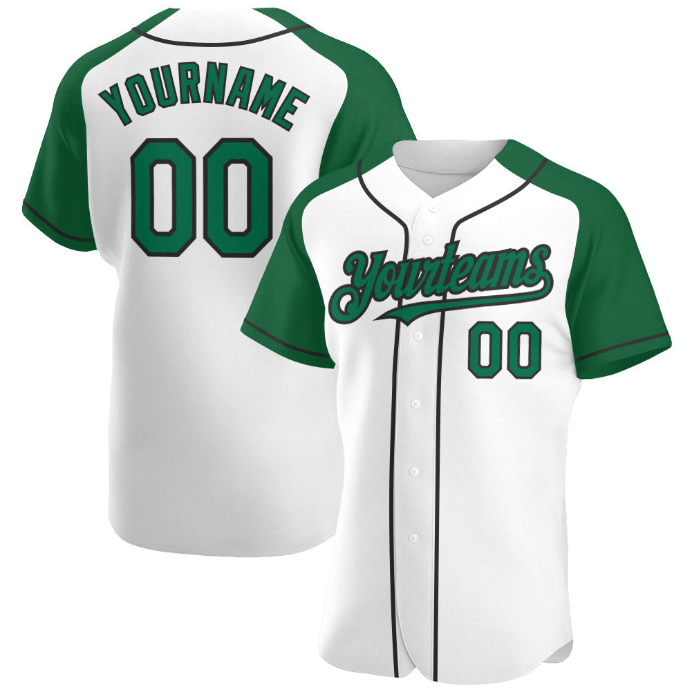 Custom White Kelly Green-Black Authentic Raglan Sleeves Baseball Jersey - Main View