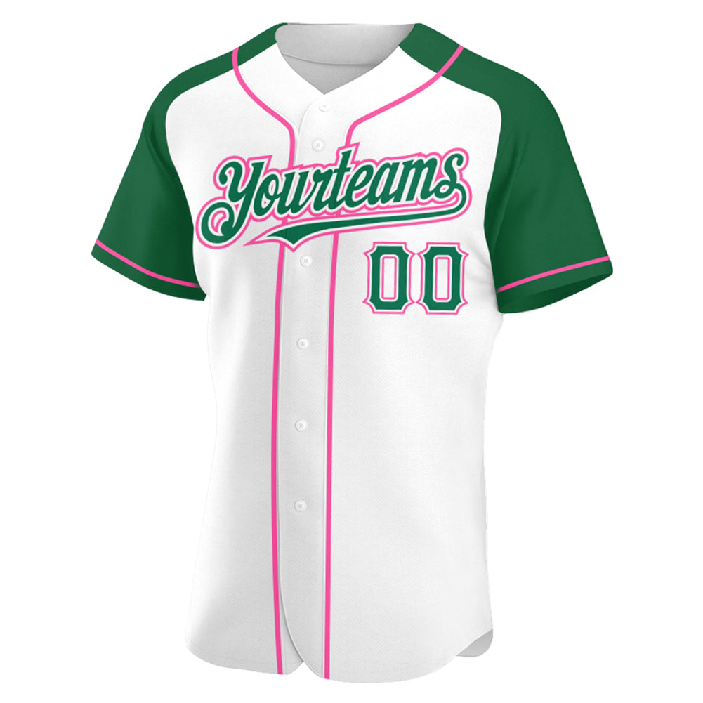 Custom White Kelly Green-Pink Authentic Raglan Sleeves Baseball Jersey view 2