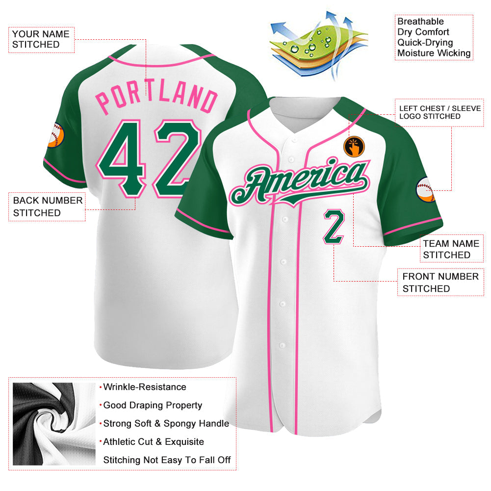 Custom White Kelly Green-Pink Authentic Raglan Sleeves Baseball Jersey view 3