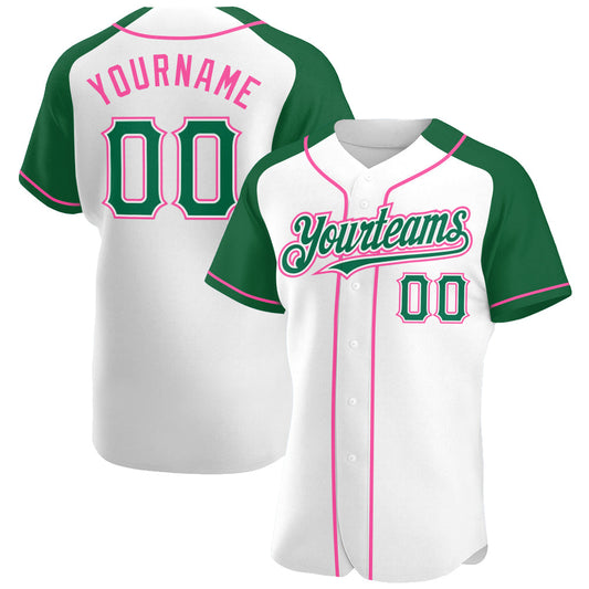 Custom White Kelly Green-Pink Authentic Raglan Sleeves Baseball Jersey - Main View