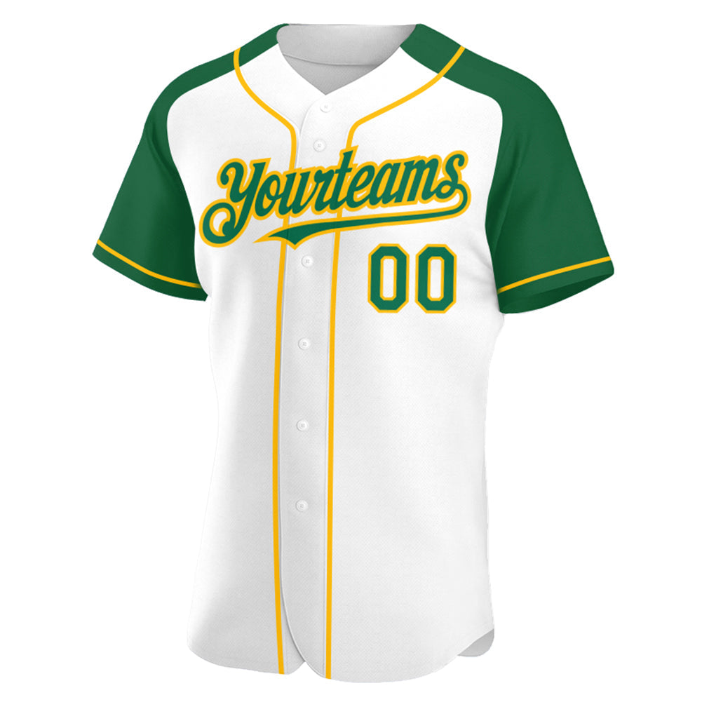 Custom White Kelly Green-Gold Authentic Raglan Sleeves Baseball Jersey view 2