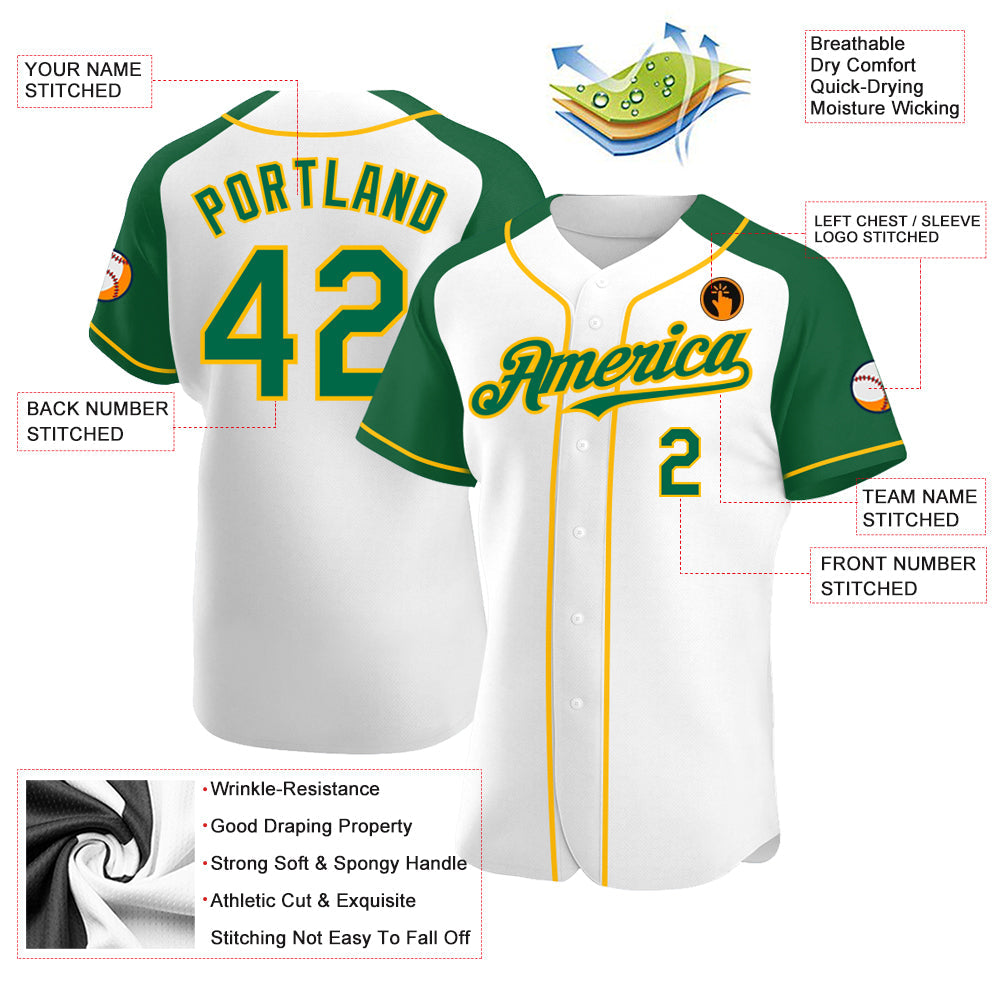 Custom White Kelly Green-Gold Authentic Raglan Sleeves Baseball Jersey view 3