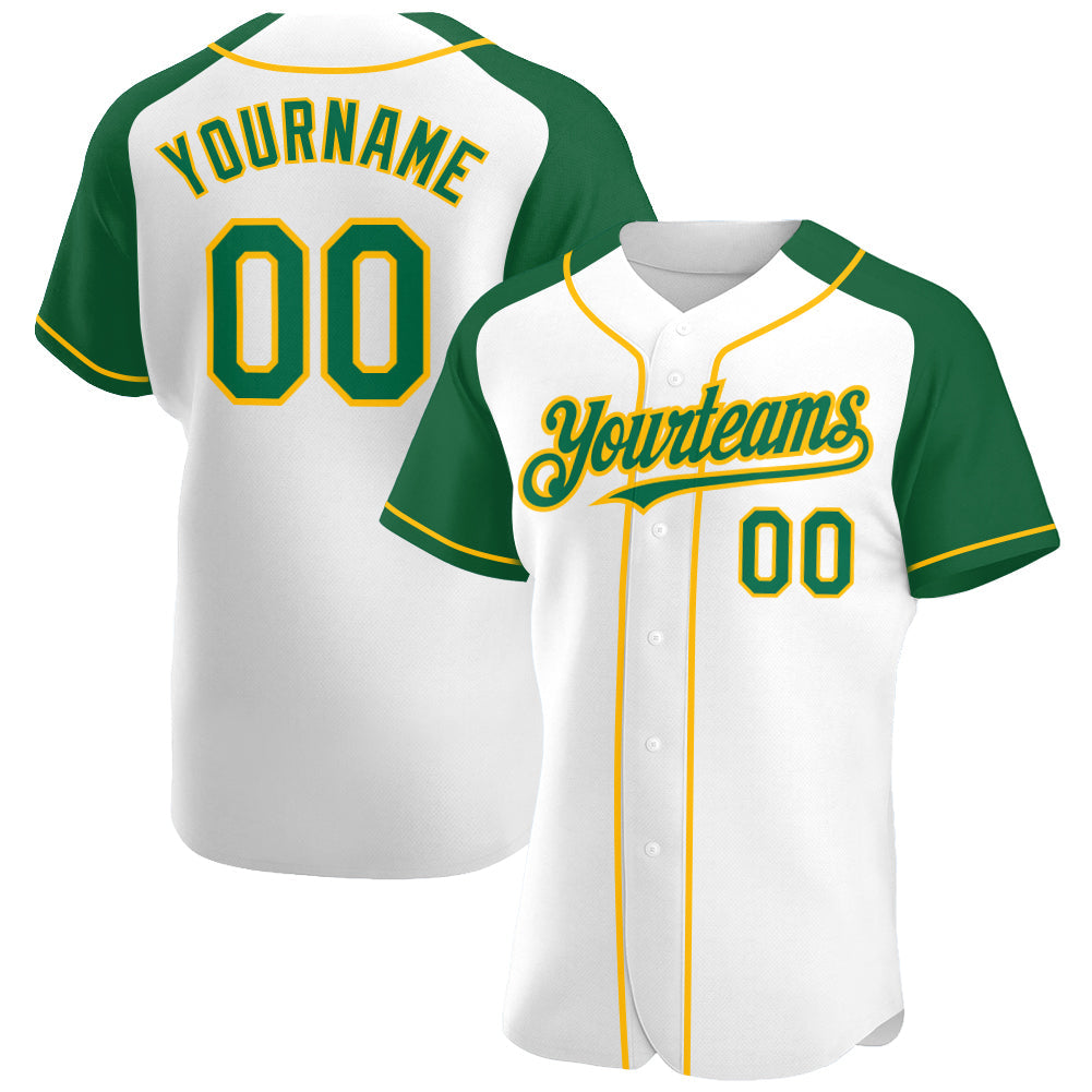 Custom White Kelly Green-Gold Authentic Raglan Sleeves Baseball Jersey - Main View