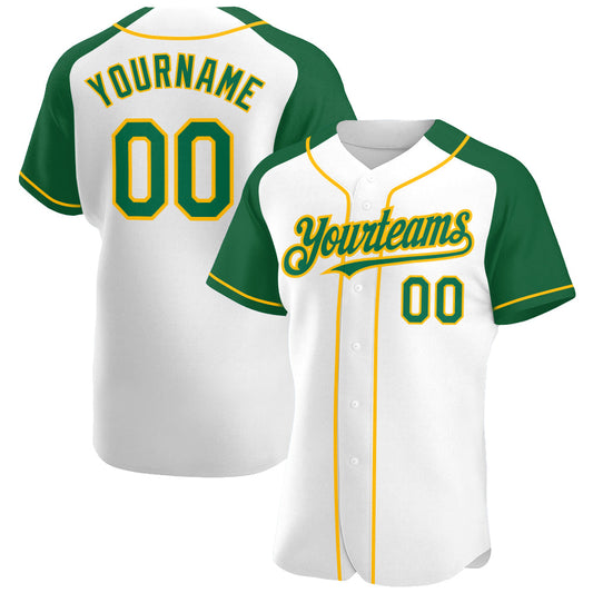 Custom White Kelly Green-Gold Authentic Raglan Sleeves Baseball Jersey - Main View