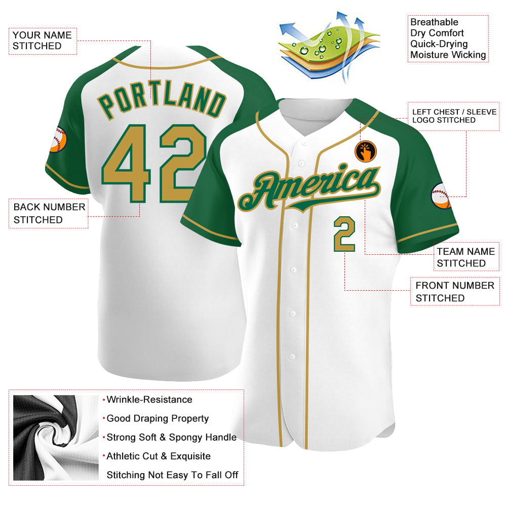 Custom White Old Gold-Kelly Green Authentic Raglan Sleeves Baseball Jersey view 3