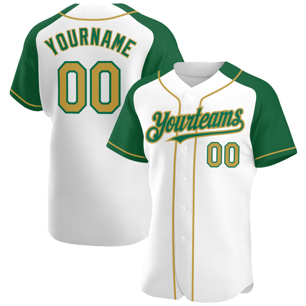 Custom White Old Gold-Kelly Green Authentic Raglan Sleeves Baseball Jersey - Main View