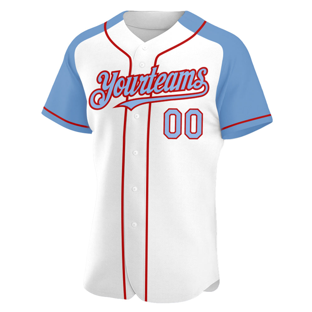 Custom White Light Blue-Red Authentic Raglan Sleeves Baseball Jersey view 2