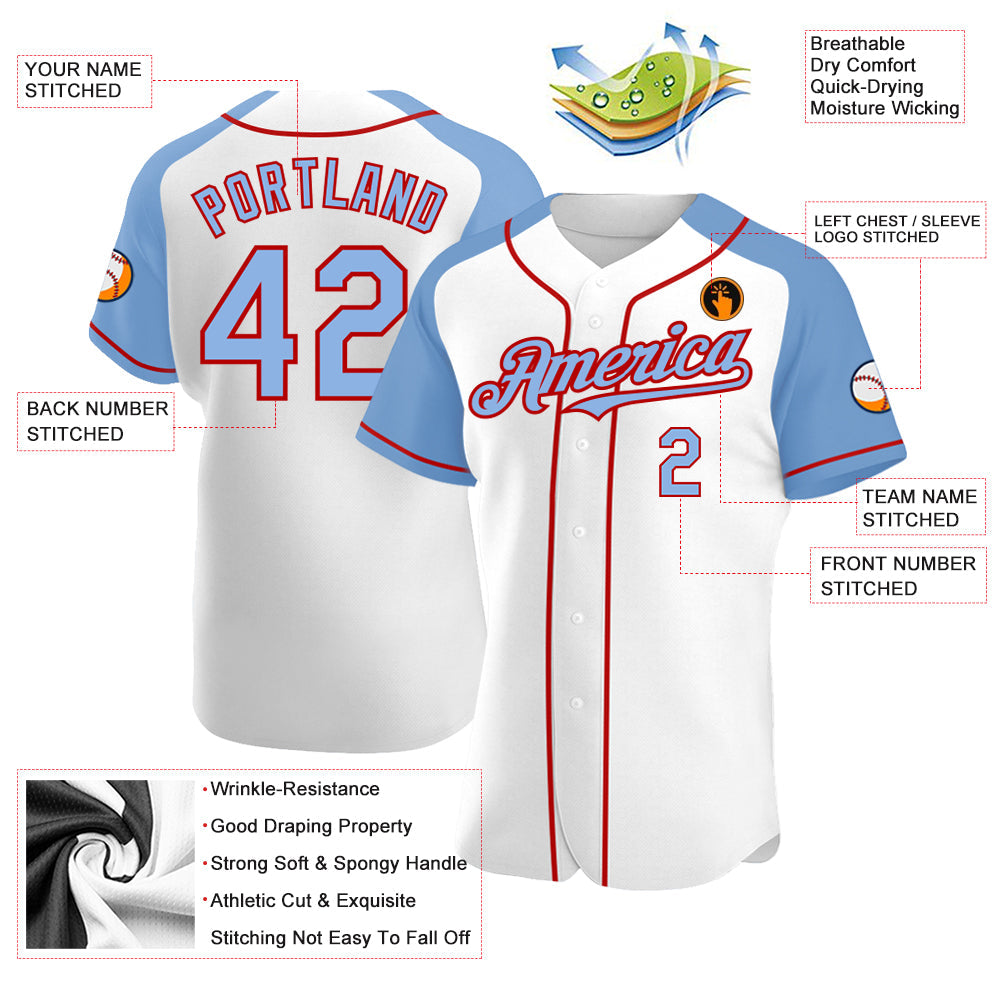 Custom White Light Blue-Red Authentic Raglan Sleeves Baseball Jersey view 3